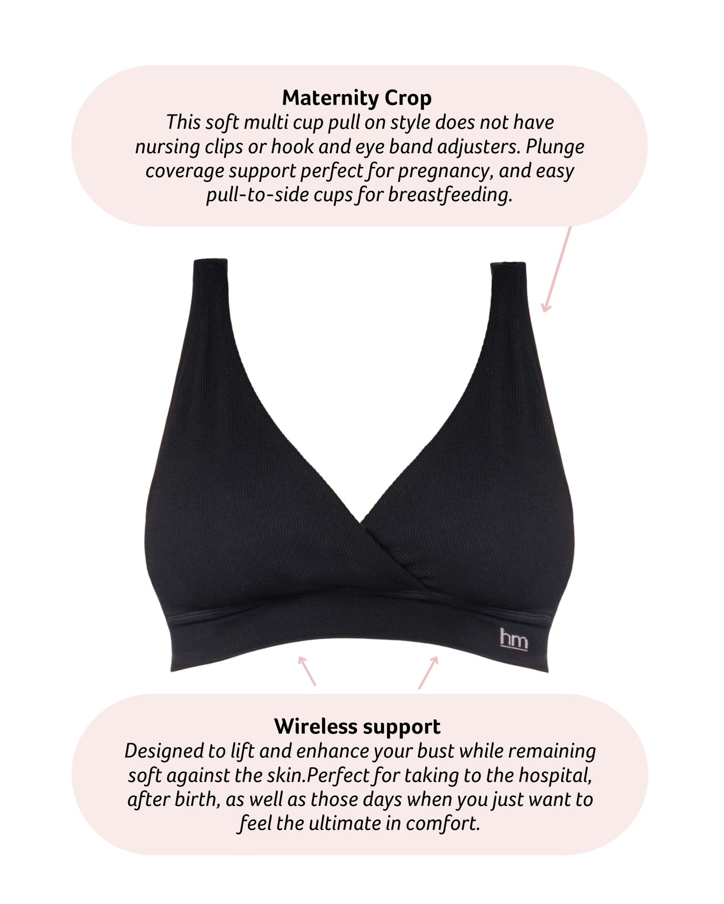 Black maternity bra with text describing features on a white background