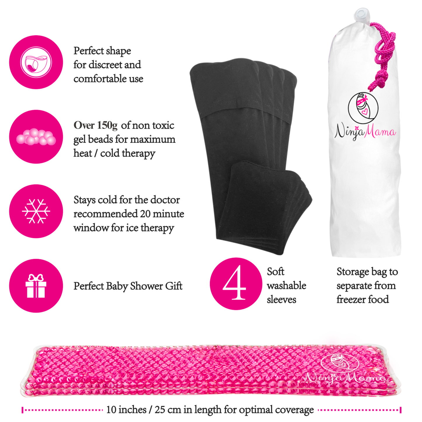 Product packaging with black and pink heating/cooling pads and a storage bag, featuring text on benefits.