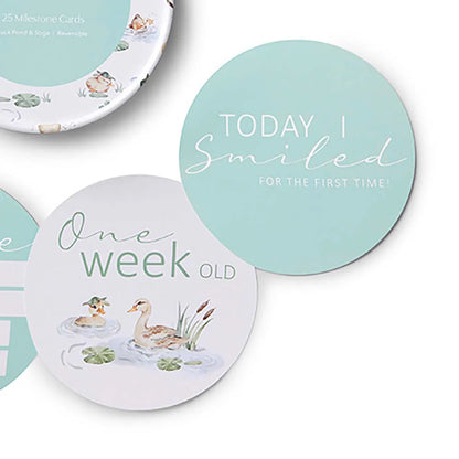 Round milestone cards with illustrations and text on a white background