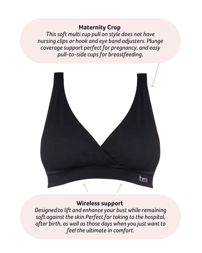 Black maternity bra with text describing features on a white background