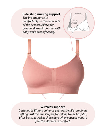 Nursing bra with text explaining side sling support and wireless design on a white background