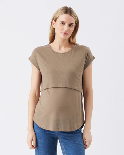 Pregnant Woman wearing a brown nursing t-shirt and blue jeans on a white background