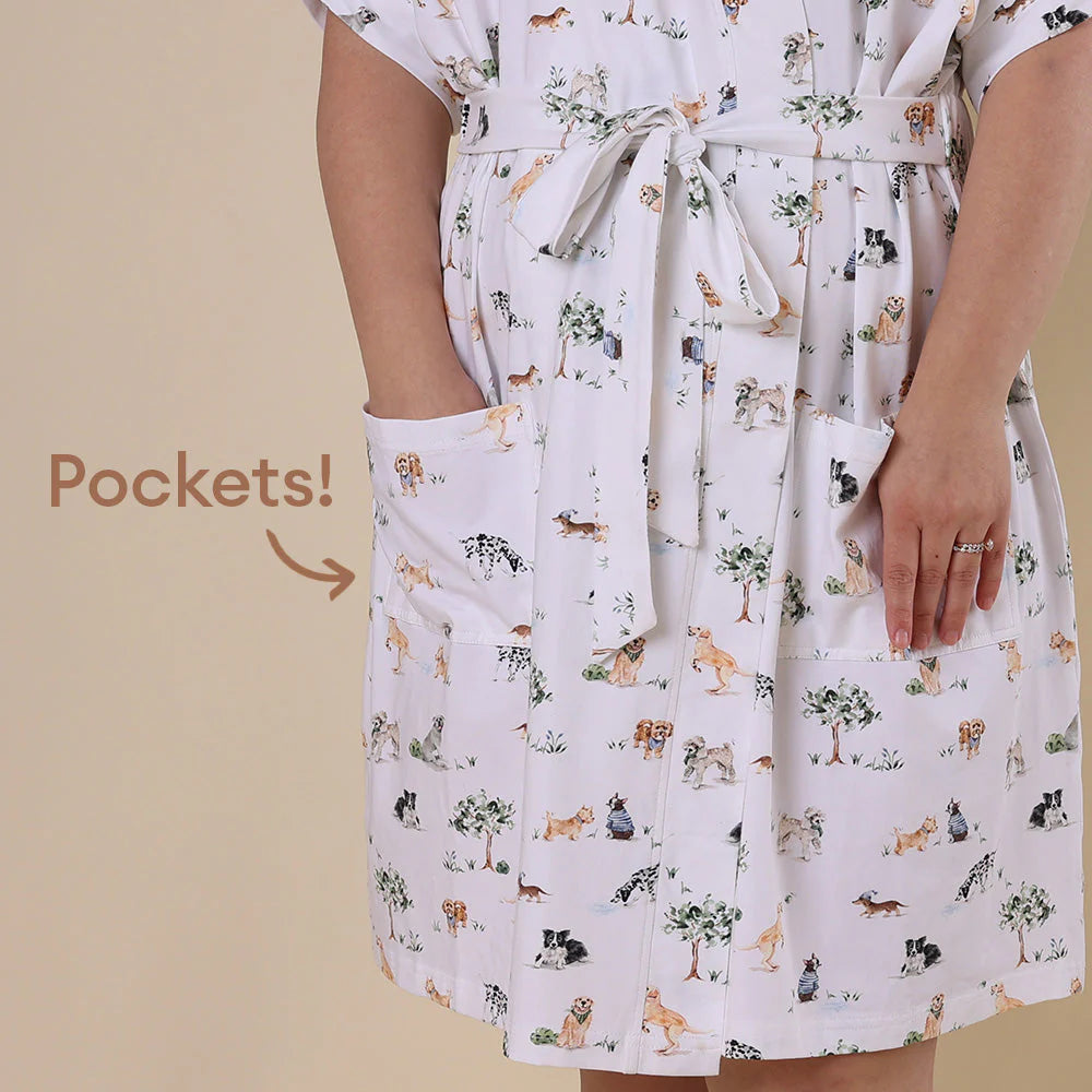 Dress with animal pattern and pockets on a beige background