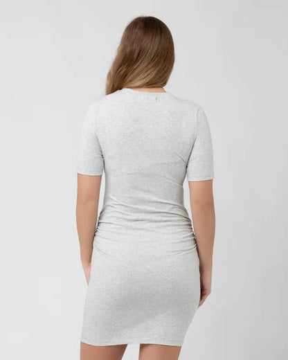Pregnant Woman wearing a grey nursing maternity dress against a white background