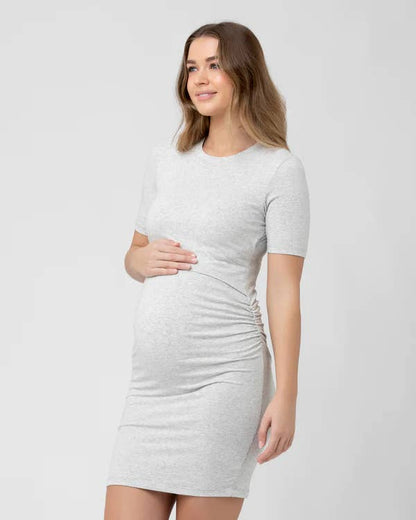 Pregnant Woman wearing a grey nursing maternity dress against a white background