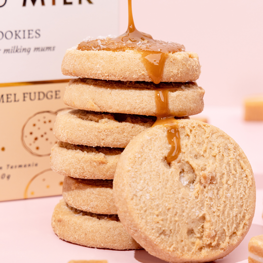 Close-up of Salted Caramel Fudge lactation cookie showing caramel pieces - breastfeeding snack