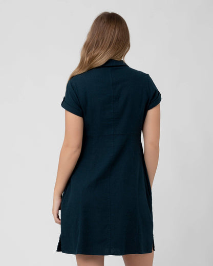 Pregnant Woman wearing a dark green dress on a white background