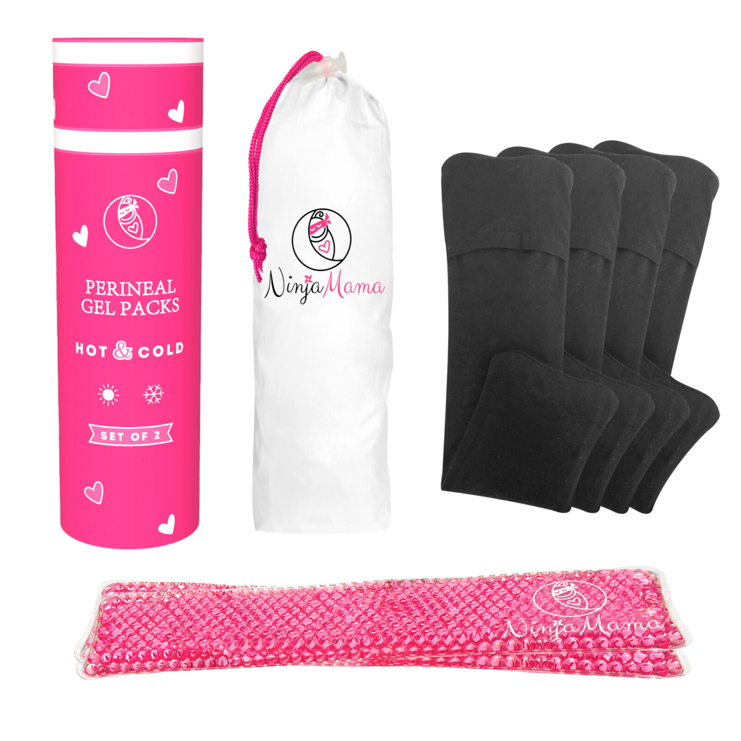 Perineal gel packs, black compression wraps, and pink mesh bag with 'Ninja Mama' branding on a white background.