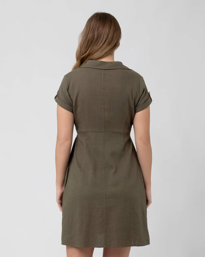 Pregnant Woman wearing a green dress against a white background