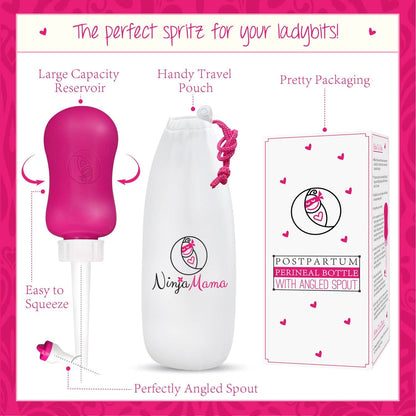 Postpartum perineal bottle with pink cap and white body, packaging, and features listed on a pink border.