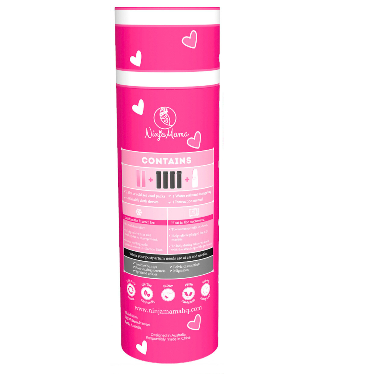 Pink cylindrical container with text and branding on a white background
