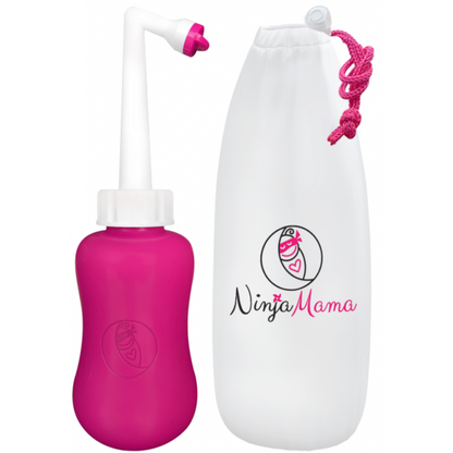 Pink and white postpartum perineal bottle with Ninja Mama logo on a white background