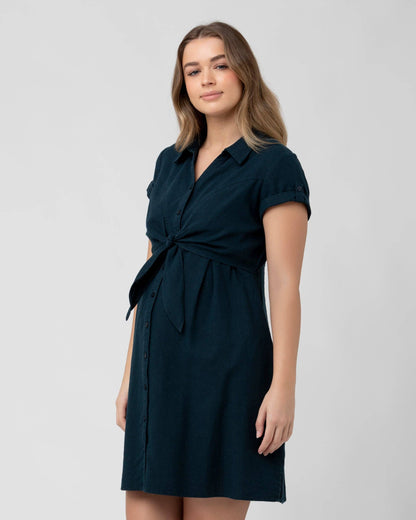 Pregnant Woman wearing a dark green dress against a plain background