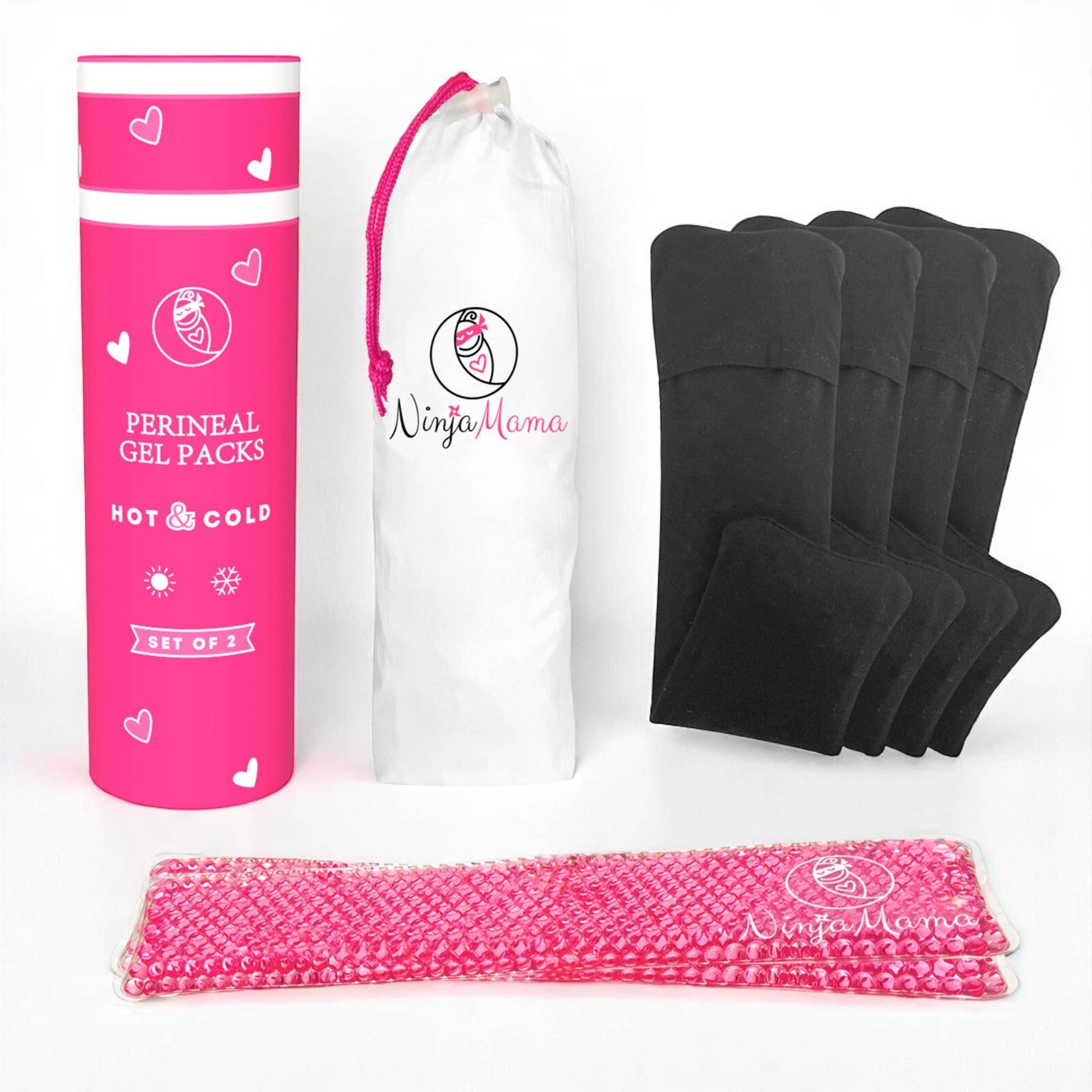 Perineal gel packs with pink packaging, black wraps, and a white drawstring bag on a white background.