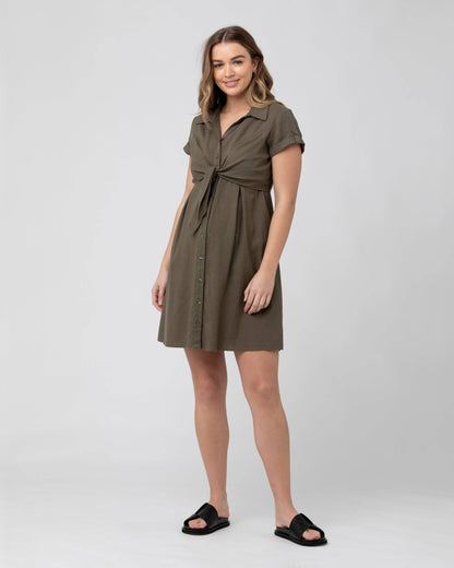 Pregnant Woman wearing a green dress on a white background