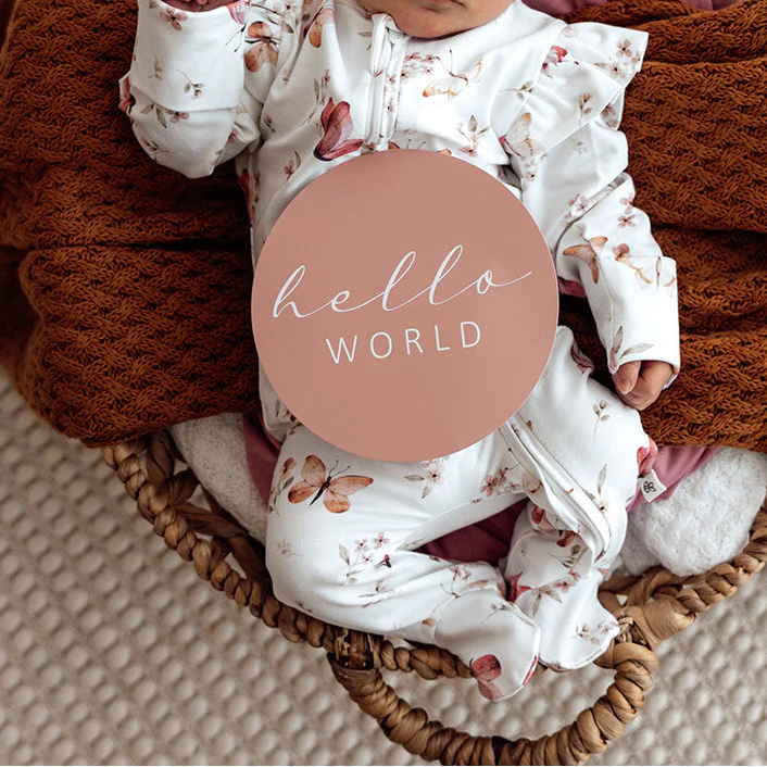 Newborn baby in a basket with a 'hello world' sign, wrapped in brown blanket