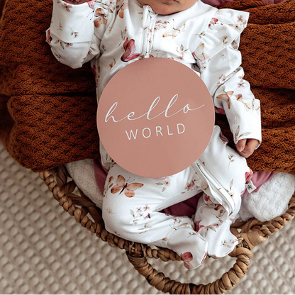Newborn baby in a basket with a 'hello world' sign, wrapped in brown blanket